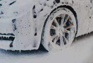 Car wheels being cleaned in Mirfield, West Yorkshire